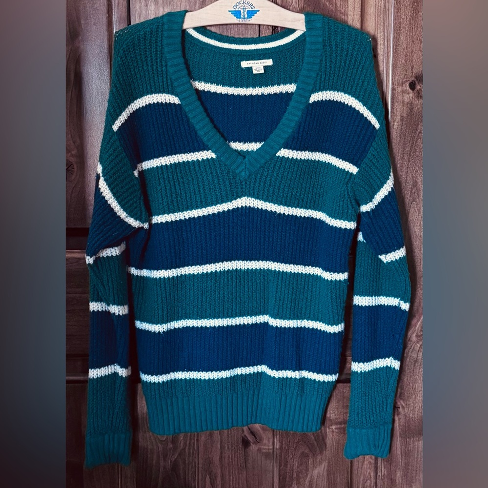 American Eagle Outfitters Blue and Green V-Neck Sweater - Picture 2 of 7